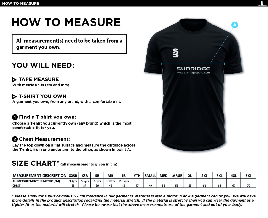Crookhill Golf Club Polo Shirt - Size Guide