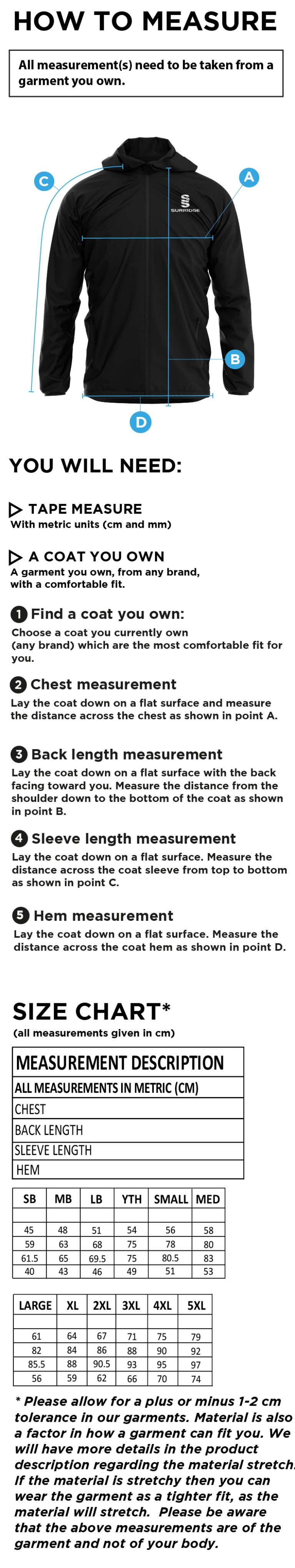 Crookhill Golf Club Full Zip Training Jacket - Size Guide