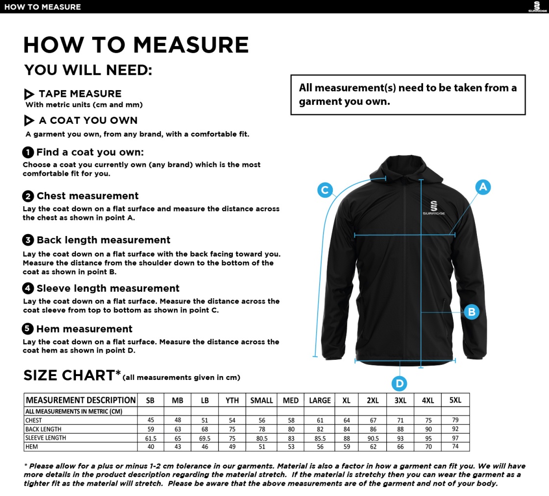 Crookhill Golf Club Full Zip Training Jacket - Size Guide
